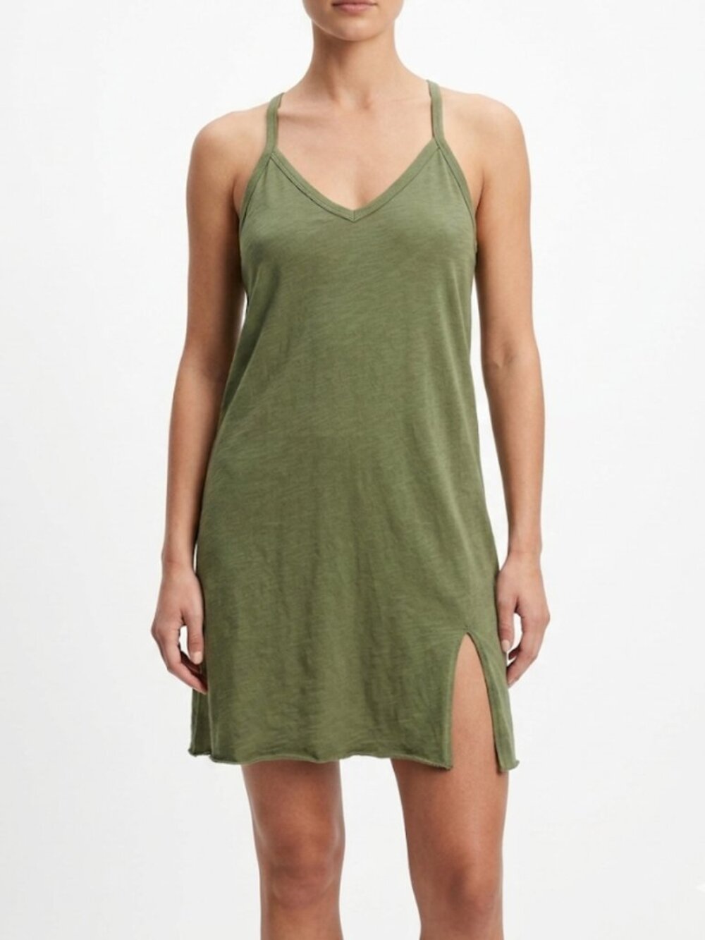 Miken Womens Olive Green V-Neck Side Tie Dress Cover-up Swim Beach Size M NWT